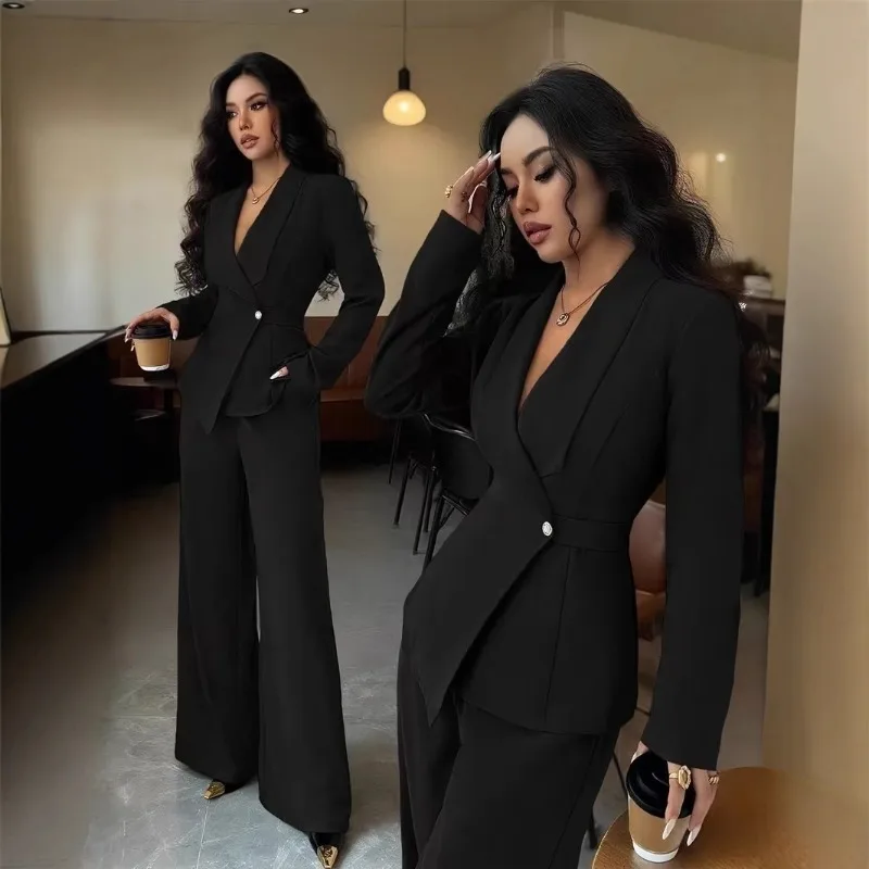 Blouse Jacket Wide-leg Trousers Suit Set Women's Spring/Autumn Elegant Solid Colour V-neck Long-line New Fashionable Distinctive