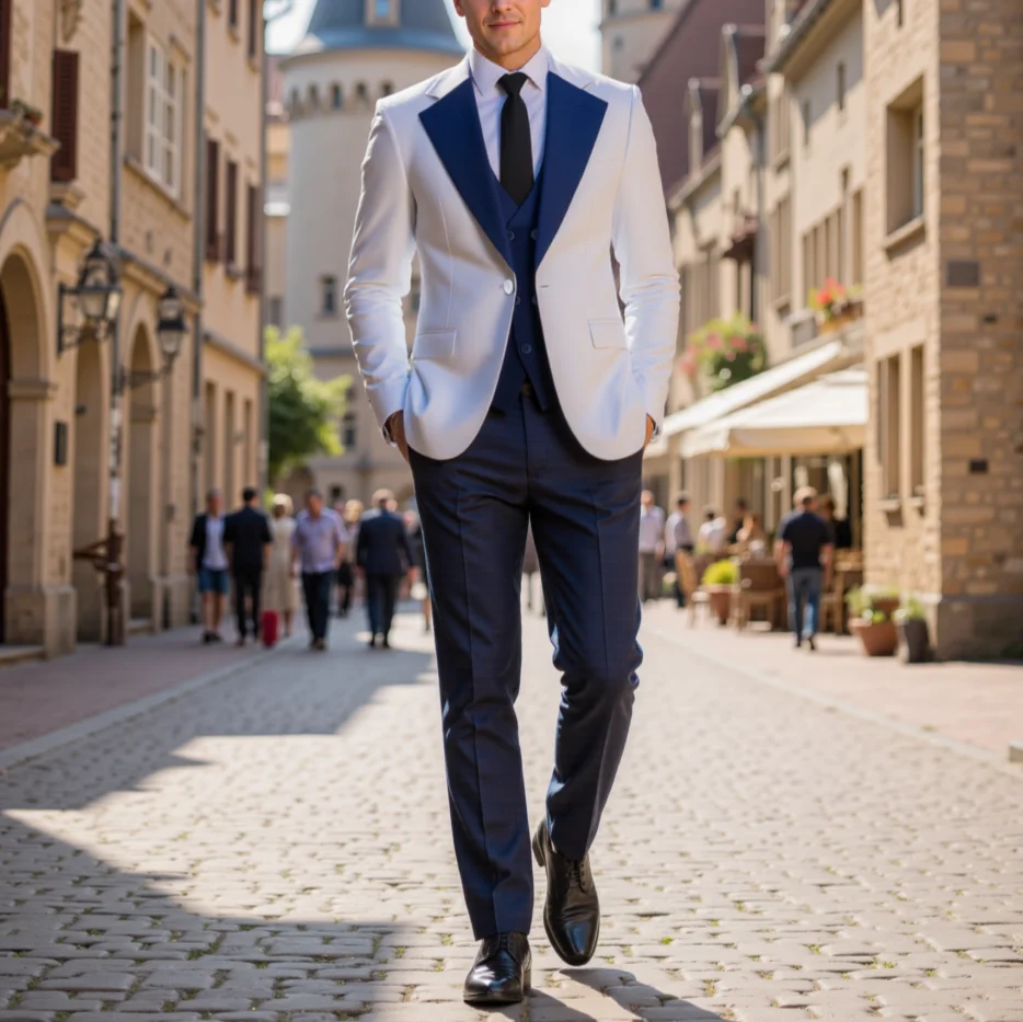 Men 3 Pcs Suit Set Slim Fit Contrast Lapel Notch Peak Shawl Vest Pants