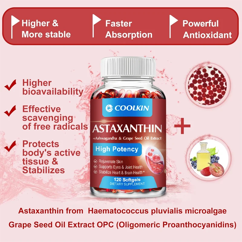 Astaxanthin Supplement with Grapeseed Oil, Ashwagandha Extract, Organic Coconut Oil, and MCT Oil for Joint Health and Immunity