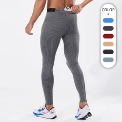 Man Sports First Layer Leggings Strip Pants Zipper Back Pocket Gym Wear Tights Running Fitness Compression Trousers Workout
