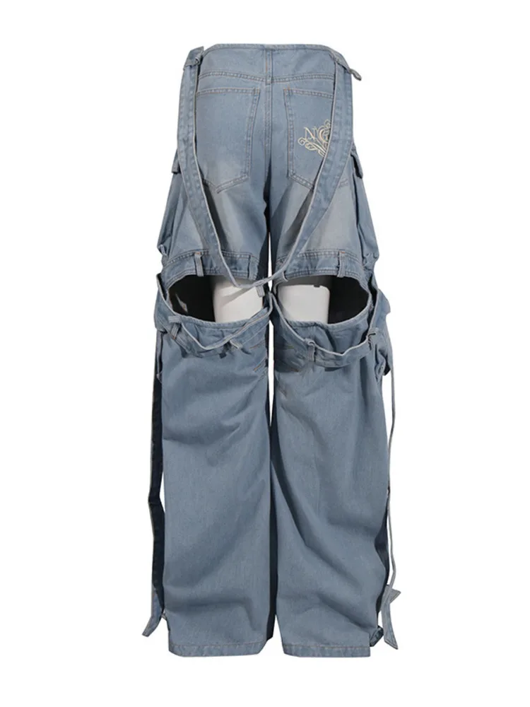 ZMEENNA Hellblaue Wash-Denim-Cargohose für Damen, stilvolle Jeans mit mehreren Taschen, lockere Passform und weitem Bein, lässige Mode ZM3579