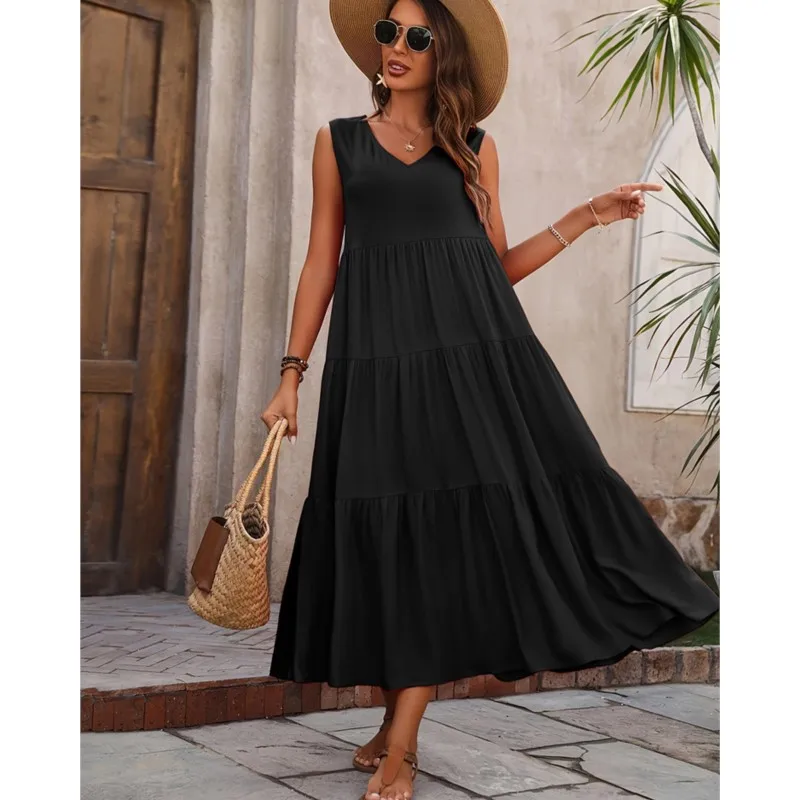 Solid Color Sleeveless Women's Long Dress Elegant Holiday V-neck Pullover Layered Patchwork Hem Loose Cake Dress New Style 2025