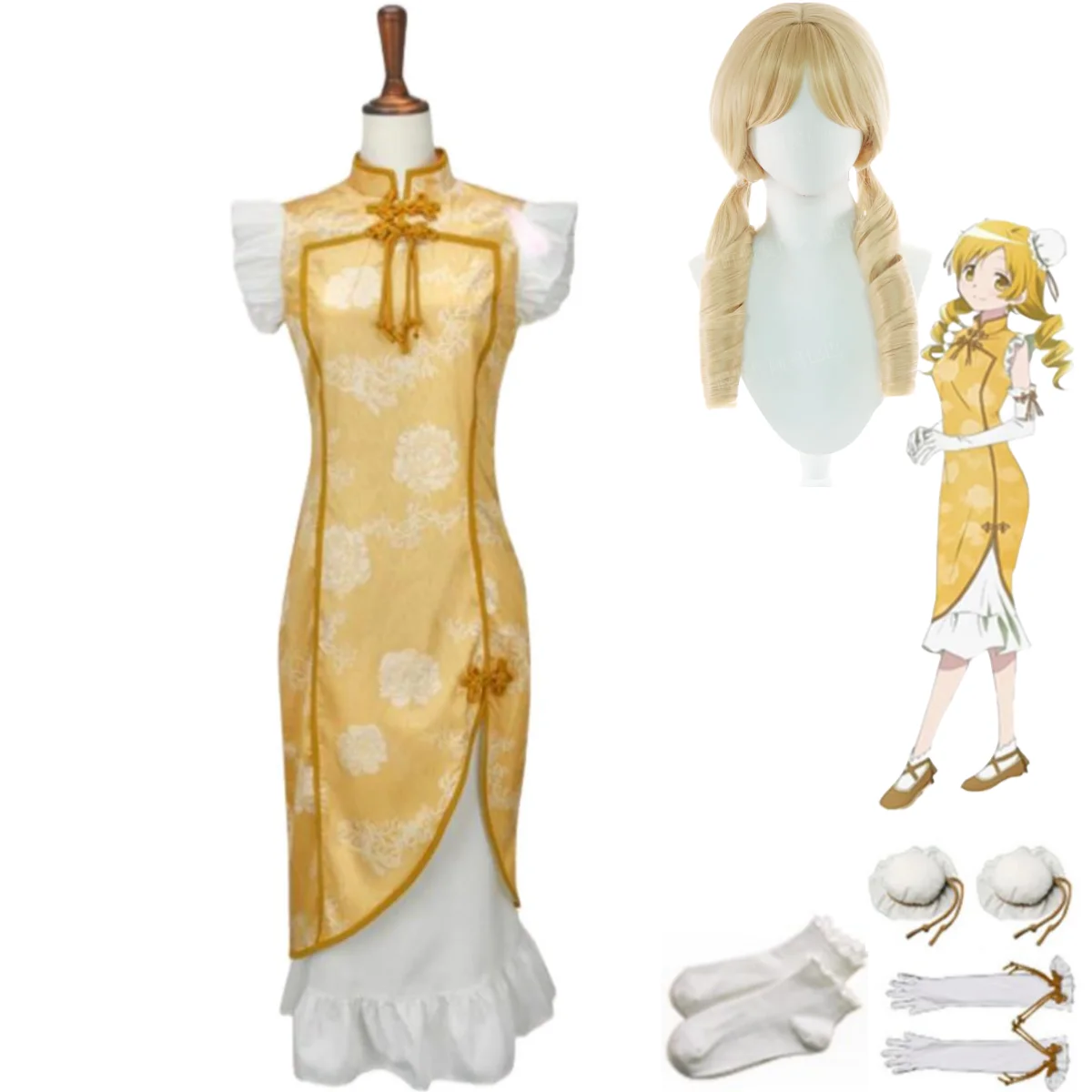 Anime Magical Girl Puella Magi Madoka Magica Tomoe Mami Cosplay Costume Wig Chinese Style Chi-pao Woman Sexy Christmas Suit