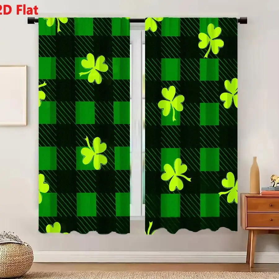 2Pcs Curtains 2D Flat Dark Green Plaid Background With Lime Green Four Leaf Clovers For St Patrick's Day Window Drapes for Bedro