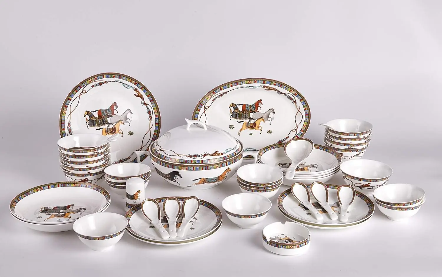 Fine Bone China, 48-Pieces Banquet Dinnerware Set Steed Horse Cheval