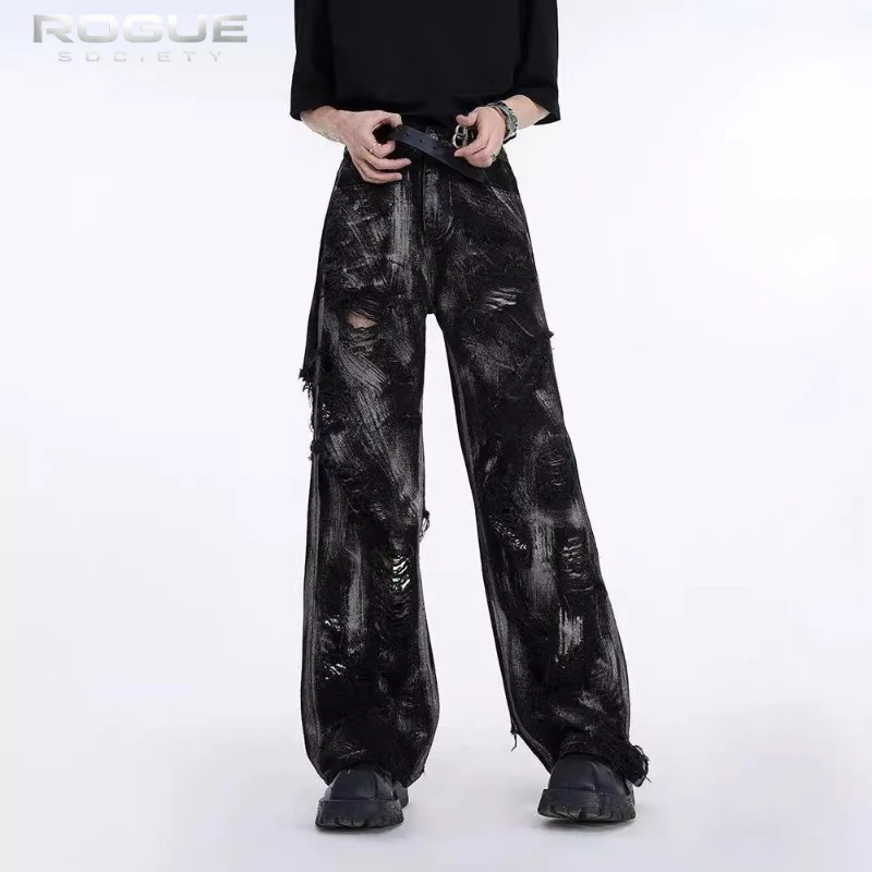 

Y2K Grunge Distressed Jeans Unisex Black Washed Ripped Wide Leg Denim Pants American Streetwear Punk Gothic Trousers Harajuku