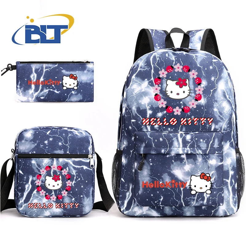 MINISO HeIIoKitty conjunto de bolsa escolar estampada para estudantes, estojo de lápis infantil, bolsa de ombro, mochila, conjunto de três peças