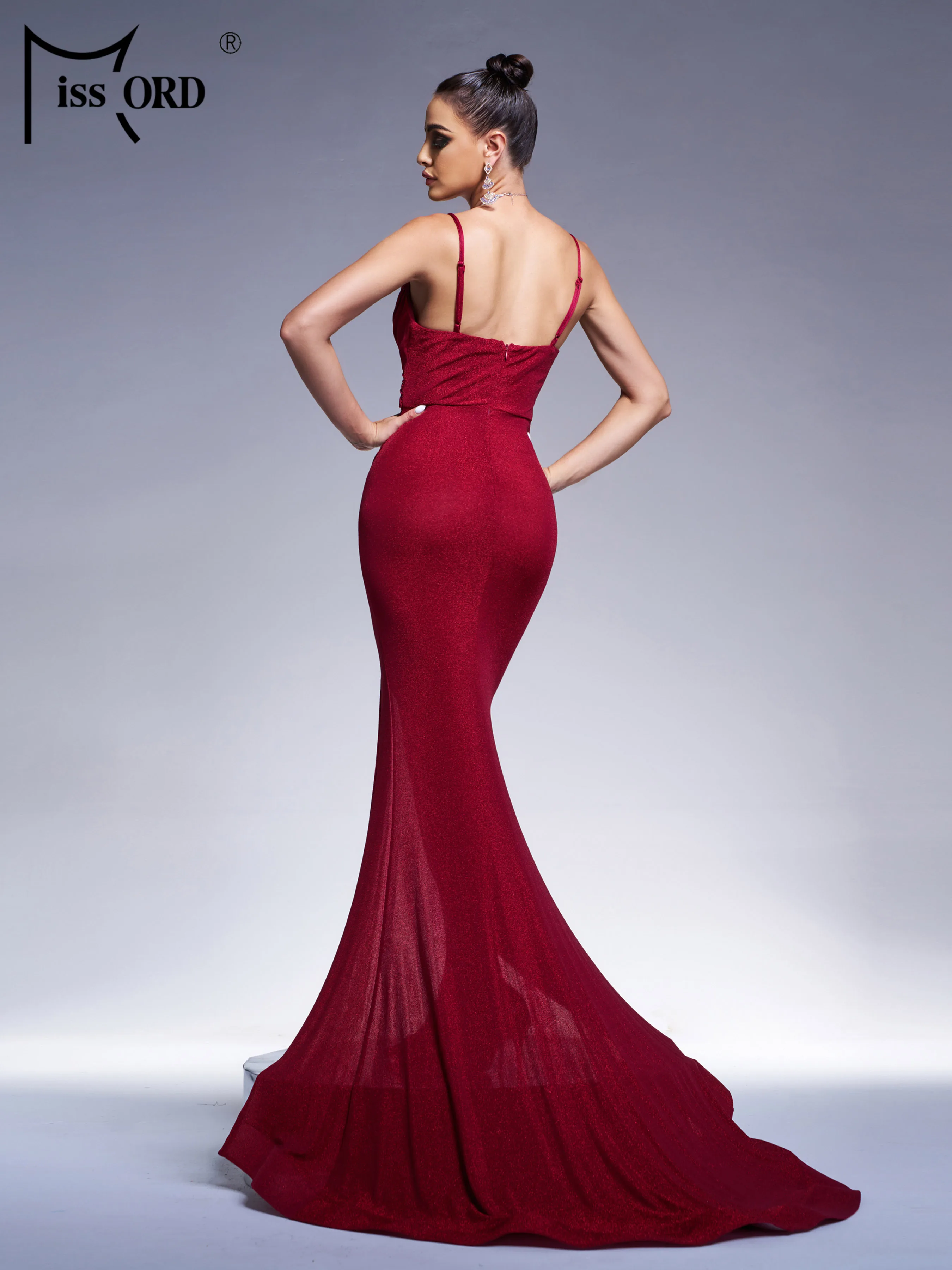 Missord ใหม่สปาเก็ตตี้ Elegant Beautiful ผู้หญิง Ruched แยกชุดราตรีงานแต่งงานวันเกิดคุณภาพสูงค็อกเทลชุด