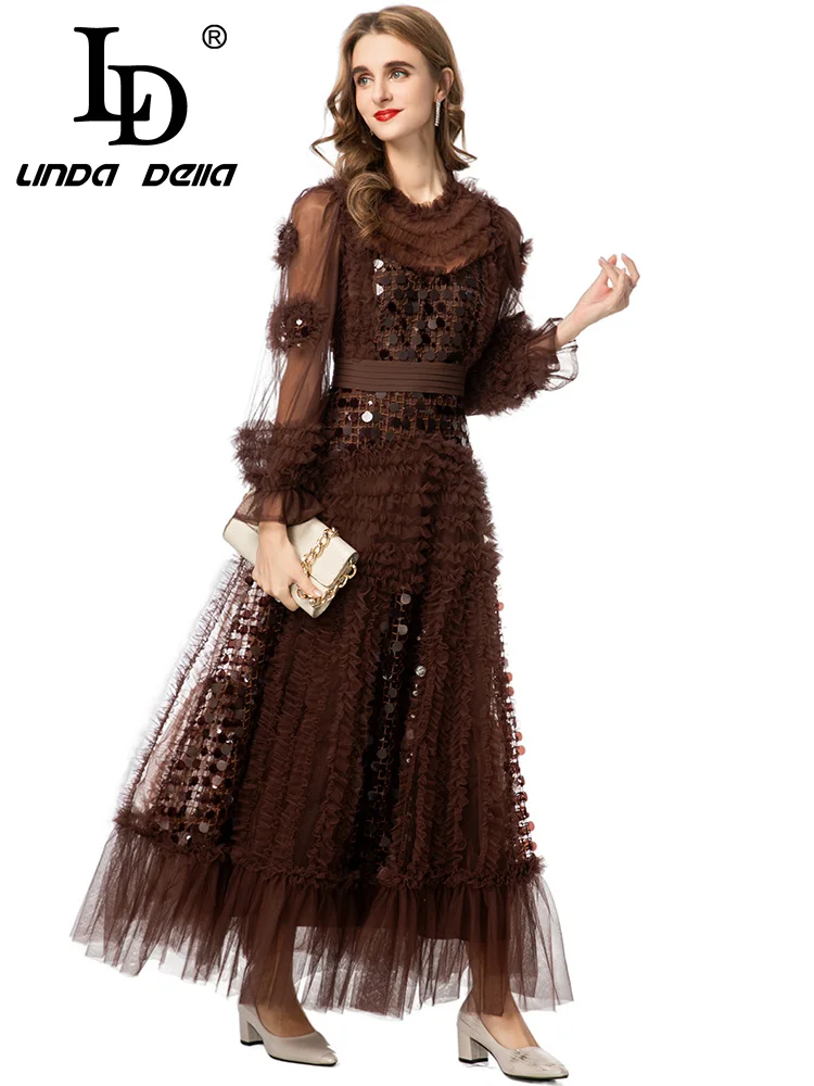 فستان LD LINDA DELL مطرز بالترتر بحافة مكشكشة بلون القهوة فستان مثير للولائم شبكي بأكمام طويلة ورقبة فستان نسائي عصري