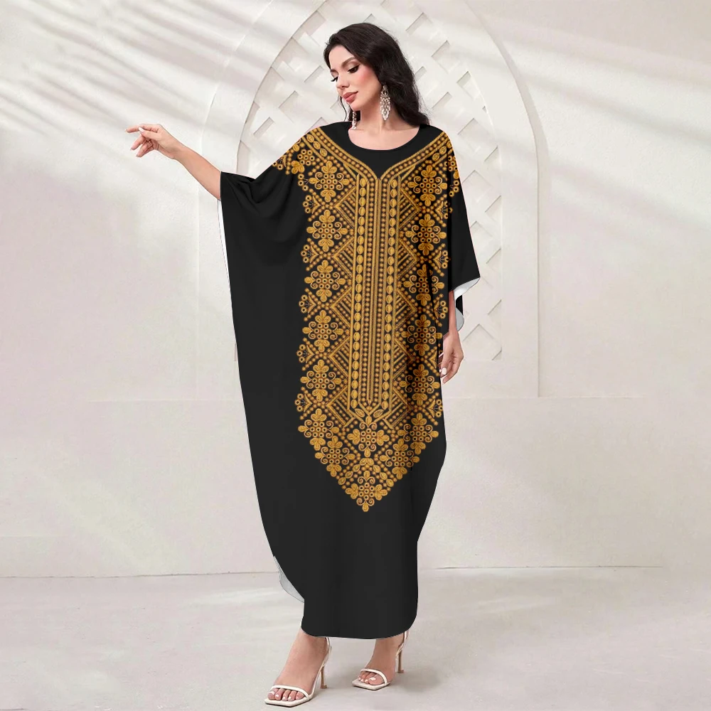 Eid Arab Muslim Party Clothing Women's Abaya Bat Sleeve Loose Long Dress 2024 New Summer Exquisite Texture Print Casual Dresses