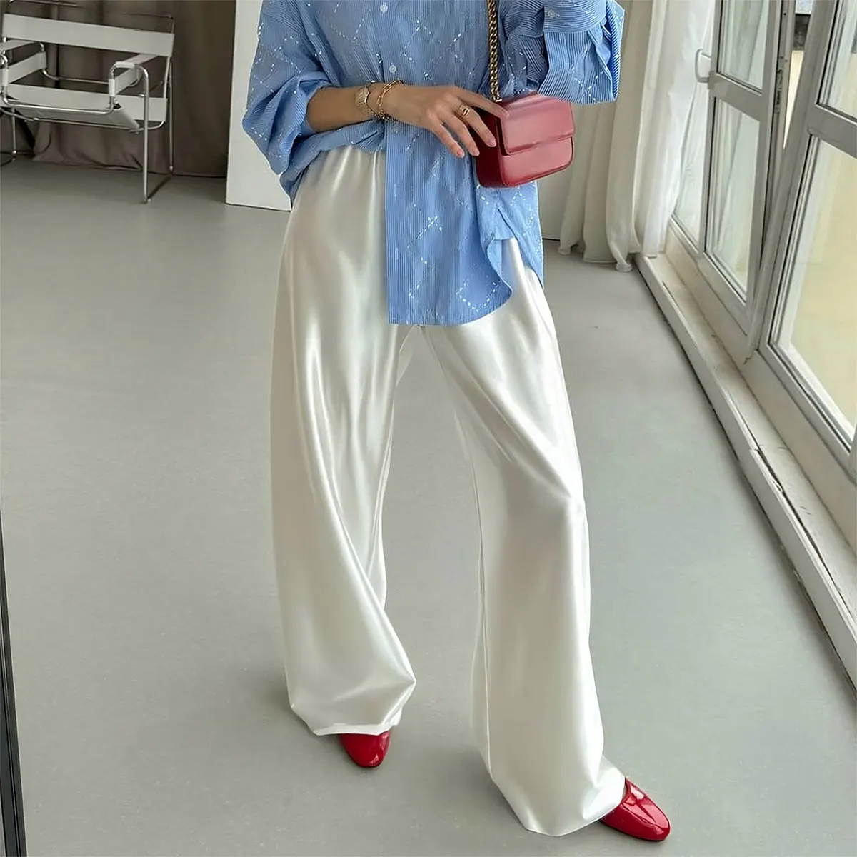 Satin Wide Leg Pants Long Floor Casual Pants Women's Summer