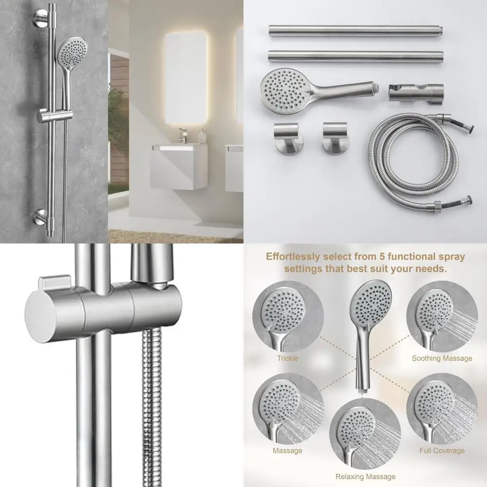 

5-Function Handheld Shower with Adjustable Stainless Steel Slide Bar and Extended Hose in Brushed Nickel Finish