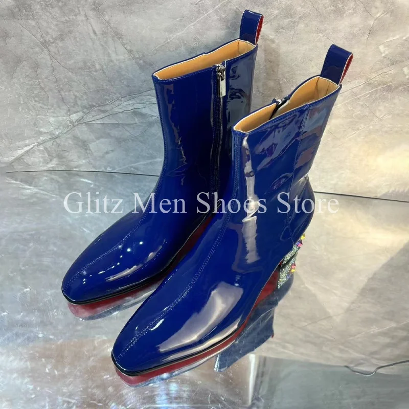 Blue Patent Leather Men\'s Ankle Boots Colored Rhinestone Small Square Toe Zipper Fashion British Style Handmade Shoes Men Boots