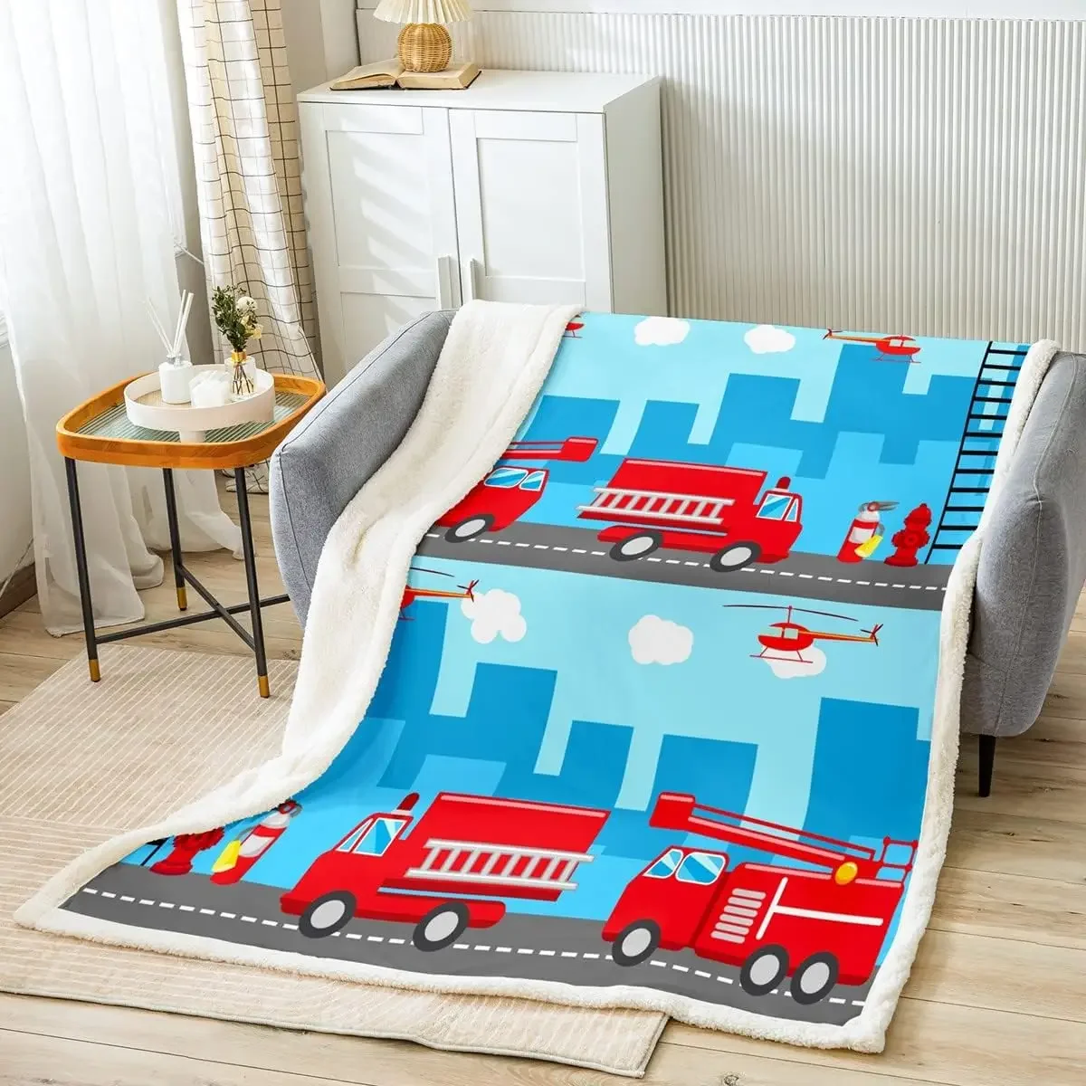 Fire Truck Car Fleece Throw Blanket Firemen Car Vehicle Sherpa Blanket for Kids Children Aircraft Plush Blanket Cartoon