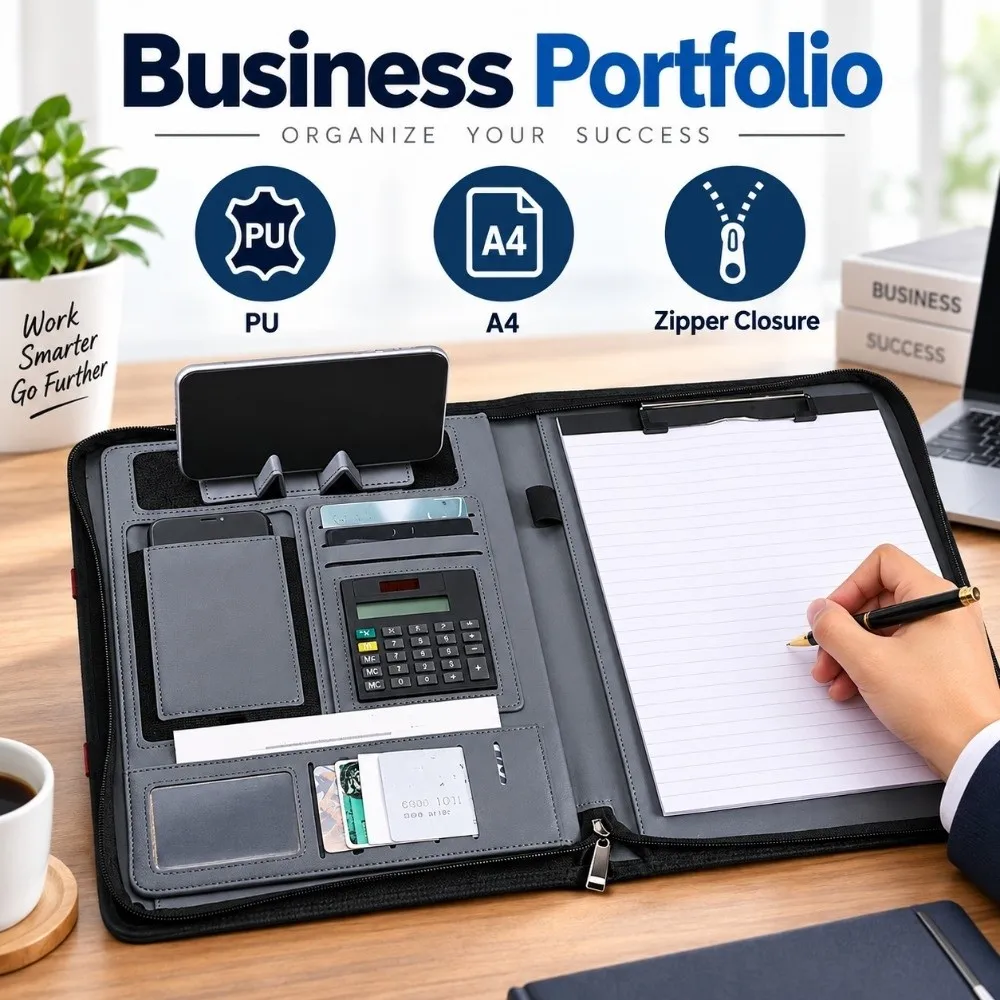 Multi Functional PU A4 Calculator File Folder A4 with Calculator Business Portfolio Portable Circular Handle Briefcase Bag Men