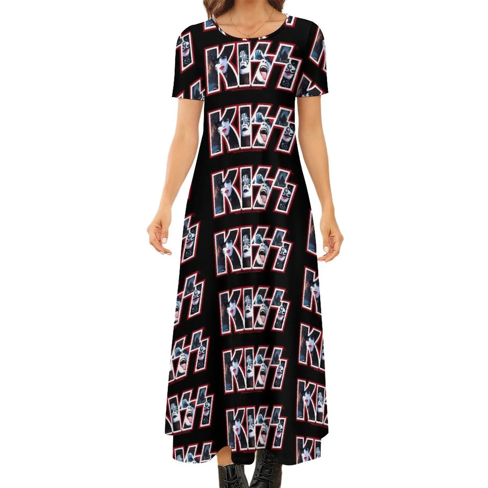 

Kiss Band Dress Kiss Logo Print Trendy Maxi Dress Short Sleeve Streetwear Bohemia Long Dresses Womens Printed Big Size Clothes