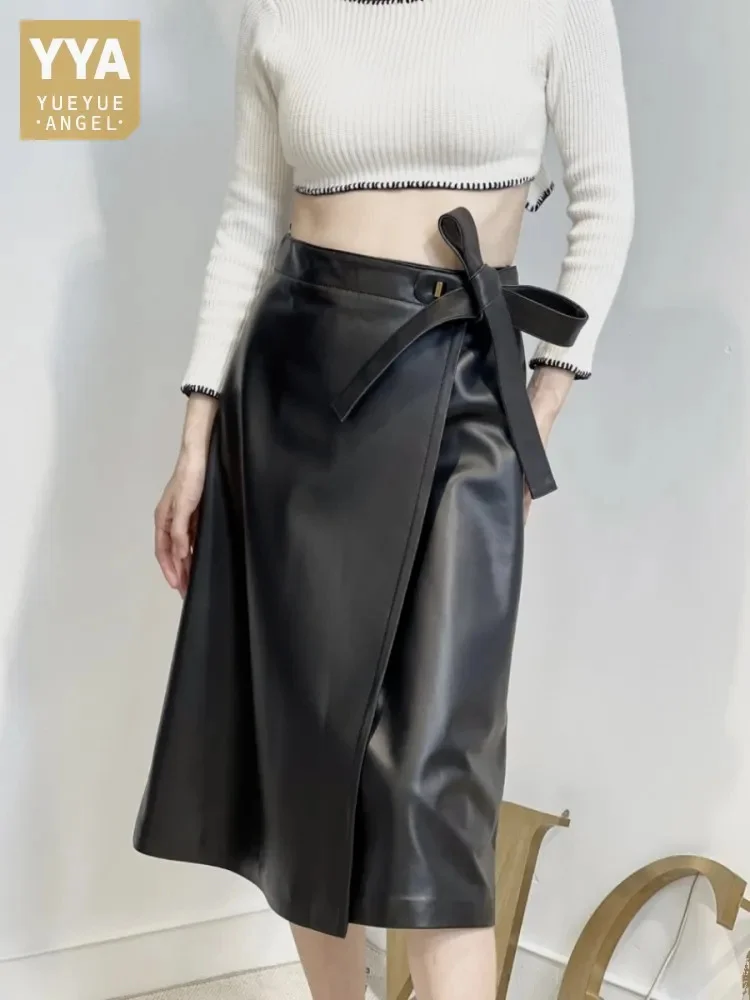 Lace Fashion Up High Waist Women Mid Calf Long Sheepskin Genuine Leather Elegant Ladies Vintage Autumn A Line Skirts