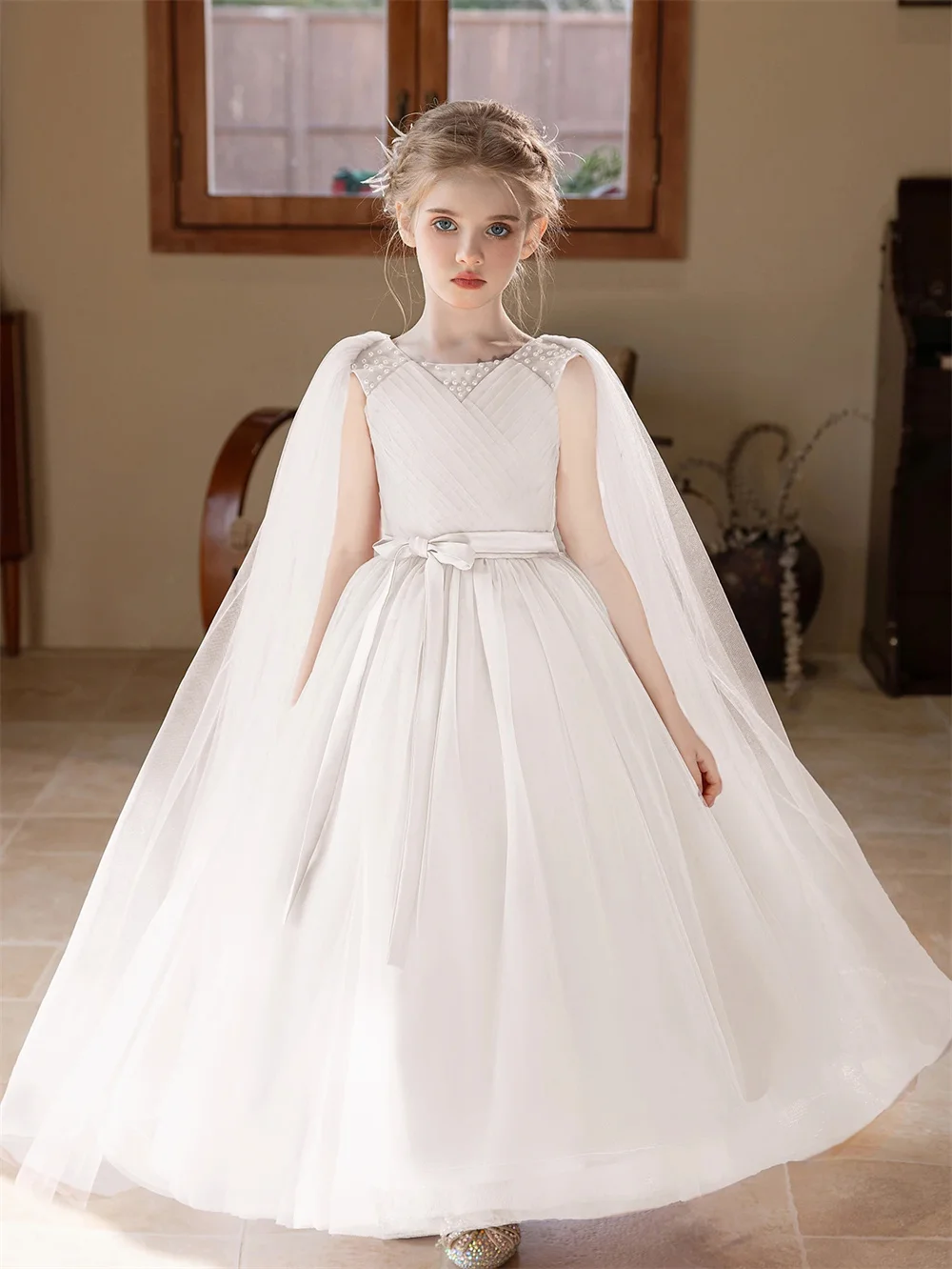 

Beading Princess Wedding Flower Girl Dress Sleeve Pleat Long Ball Elegant Customized First Communion Dress New 2026