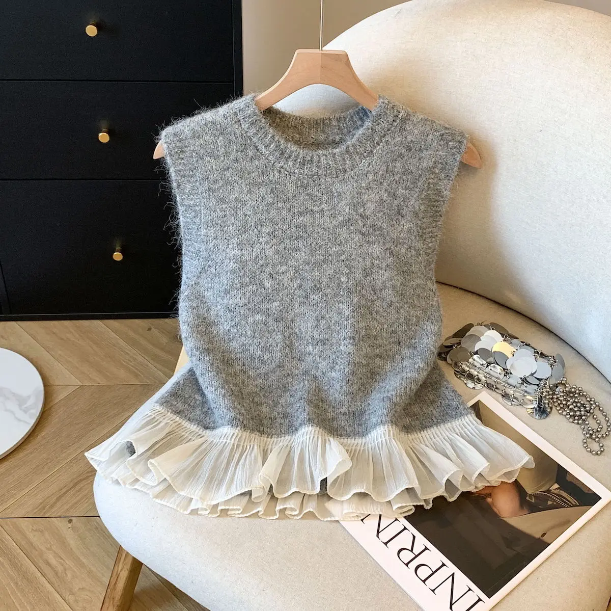 

Свитер без рукавов в корейском стиле, жилет, весна-осень, лоскутная вязаная рубашка с рюшами, тонкие повседневные женские пуловеры, топы