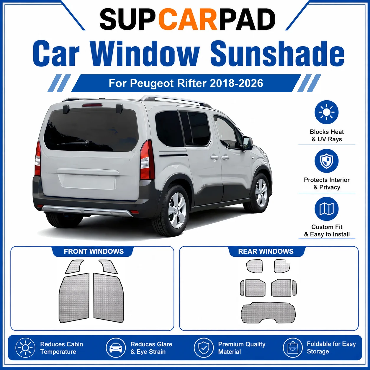 For Peugeot - Peugeot Rifter 2018-2026 Full Set Car Window Sunshades UV Block Privacy Heat Insulated Foldable Car Curtain