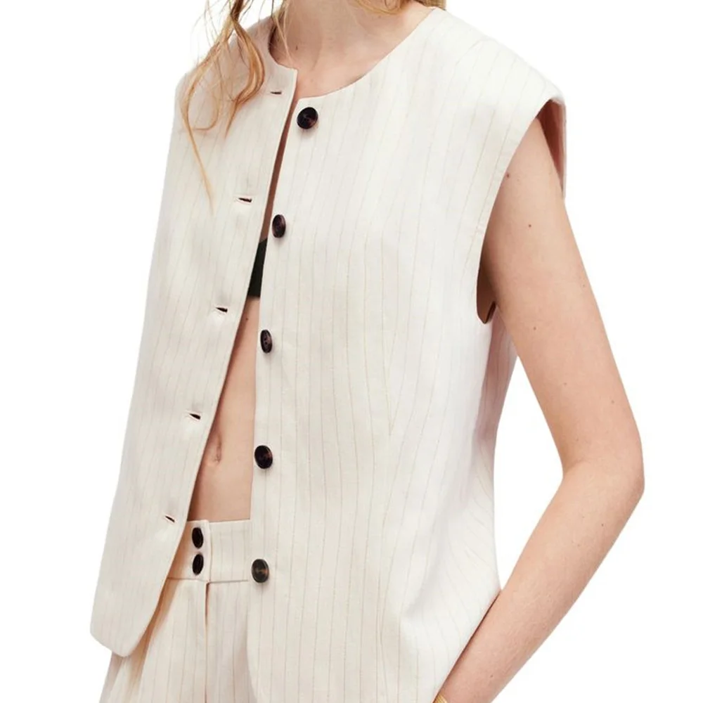 Women's Vest Jacket Striped O-Neck Single-Breasted Beige Button Vest Sleeveless Women's Clothing Chic Tops Outerwear