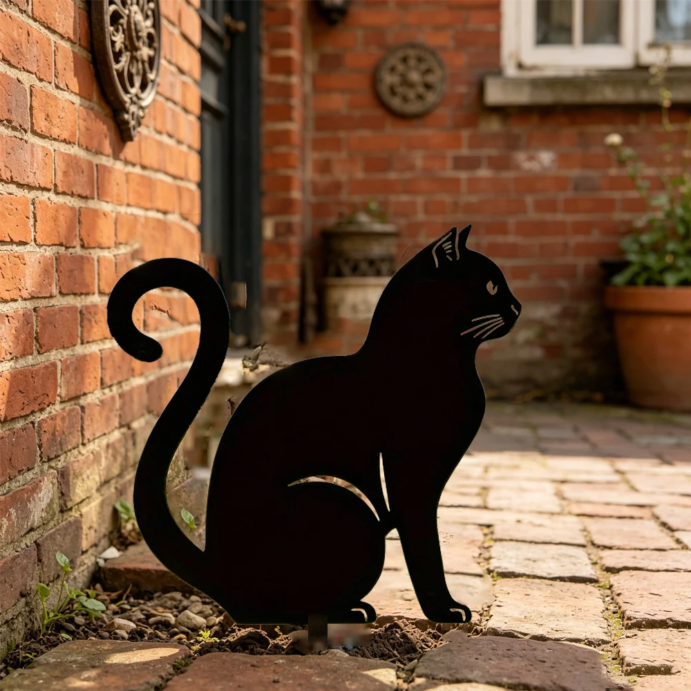 Metal Black Cat Silhouette Garden Stake, Outdoor Yard Decoration,Outdoor Black Cat Metal Stake, Garden Lawn & Pathway Decor