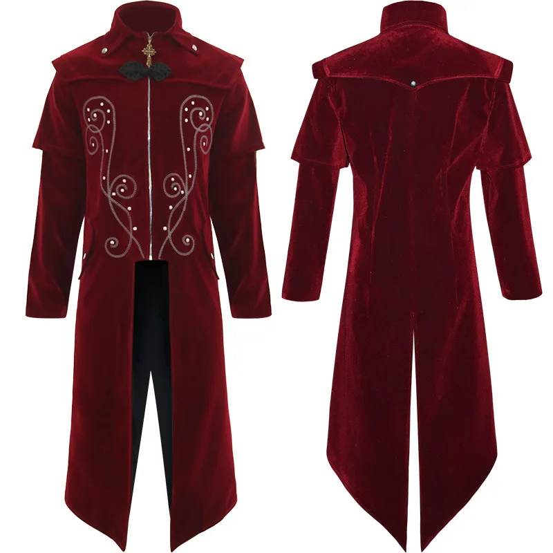 

Wine Red Vampire Medieval Trenchcoat Renaissance Noble Steampunk Jacket New Adult Men Medieval Detective Cosplay Costume