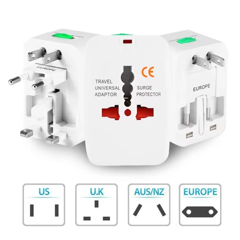 Universal Travel Plug Adapter 2 USB Ports with Surge Protector Wall Charger US UK EU AU International All-in-One Plug