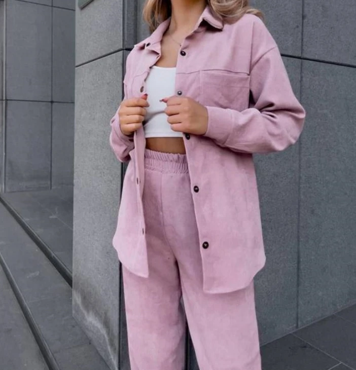 Women\'s Corduroy Set 2024 Spring Latest Street Trendsetter Warm Satin Metal Button Long Sleeved Shirt Calf Pants Two Piece Set