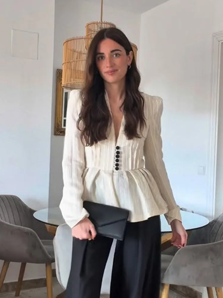 HH Woman Single Breasted V-Neck Casual Commuting Jacket 2026 Women New Fashion Long Sleeve Striped Short Skirt Style Hem Blazer