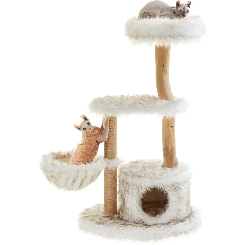 Modern Cat Tree, Wood Cat Tower for Large Cats up to 22 lb, 48.4-Inch Luxury Cat Condo with Scratching Post, Perch, Cave, Baske