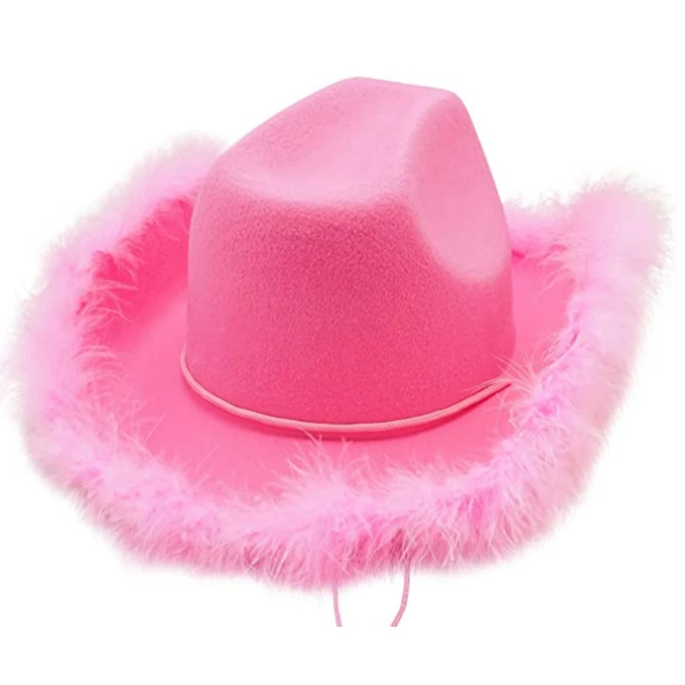 Cowboy Hat for Adult Solid Color Fluffy Feather Trim Felt Wide Brim Cowgirl Hat Fashion Female Cap for Dating Party