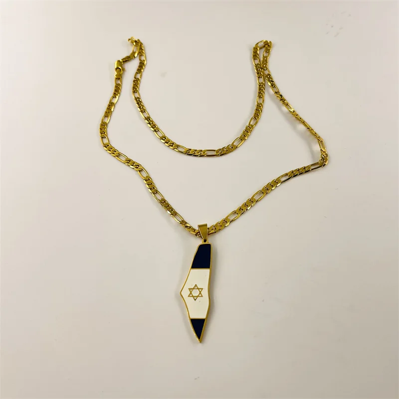 Israel Map Flag Pendant Necklace Drip Oil Hexagram Star Design Gold Plated Chain Ethnic Commemorative Accessory