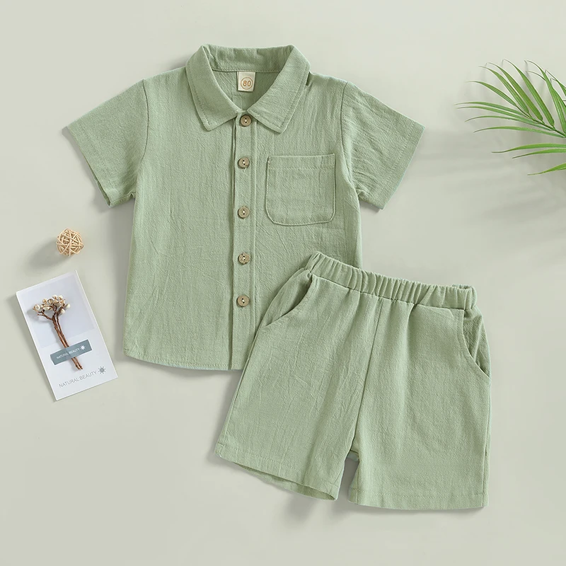 Kids Boys Casual Outfit Set Cotton Baby Boys Costume Summer Boy Clothing Set Short Sleeve Button Shirt with Elastic Waist Shorts