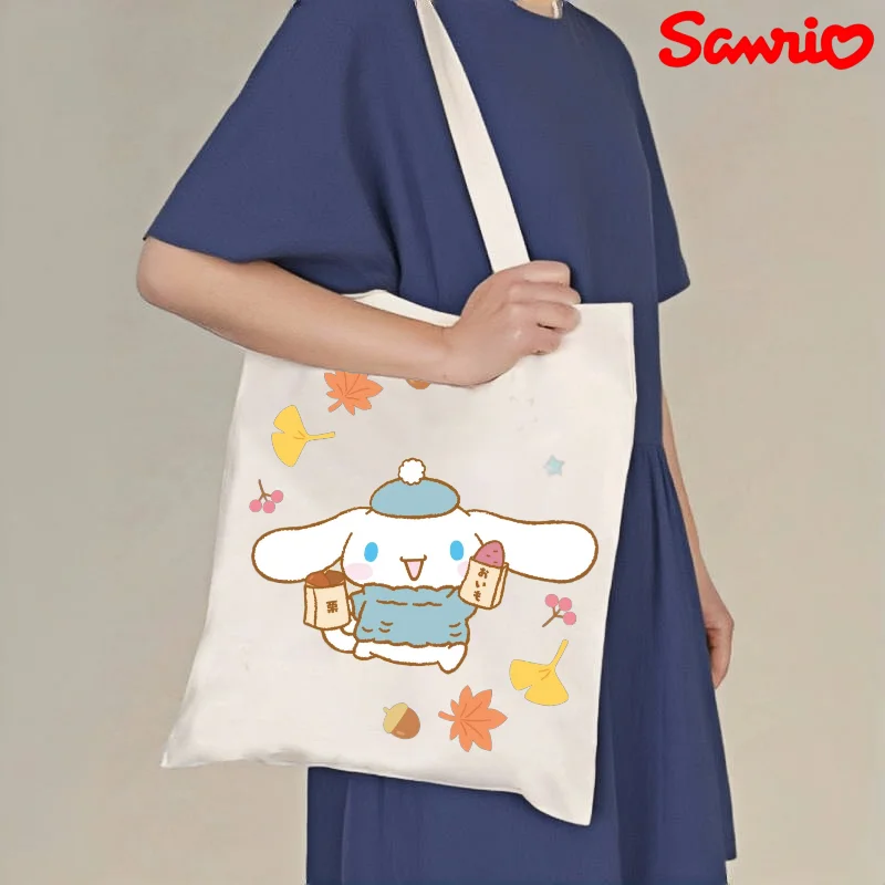 

1 шт. холщовая сумка-тоут Sanrio Cinnamoroll с осенним кленовым листом, двусторонний принт, большая вместимость, повседневная сумка через плечо для покупок