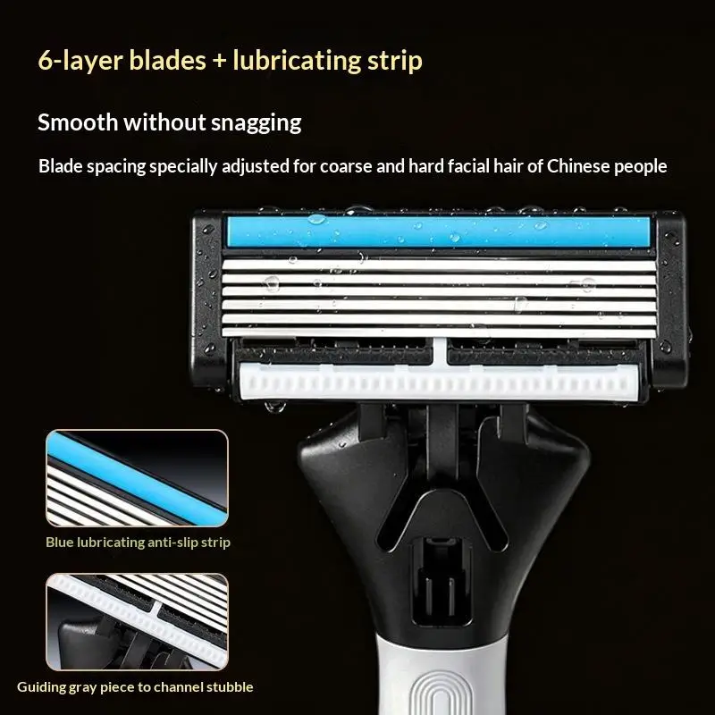 Premium Men's Manual Shaving Razor 6 Sharp Blades Non-Slip Handle with 4 Replacement Refills for Travel