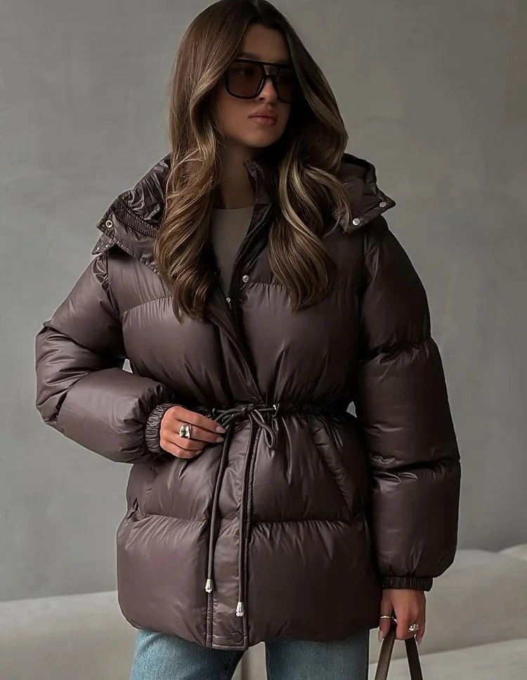 

Hooded Cotton Jackets Women Standneck Zipper Long Sleeves Lace Up Detachable Hat Coats Winter Warm Fashion Outwears