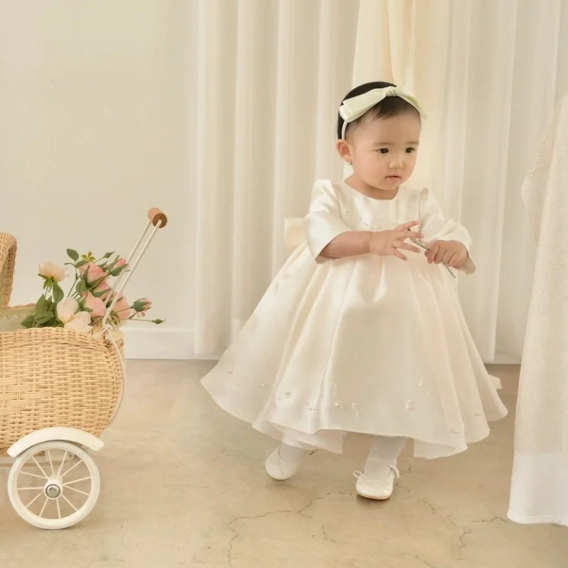 

Новое детское платье Off-White из высококачественного атласа с длинными рукавами для девочки на первый день рождения, модное платье принцессы для фотосессий