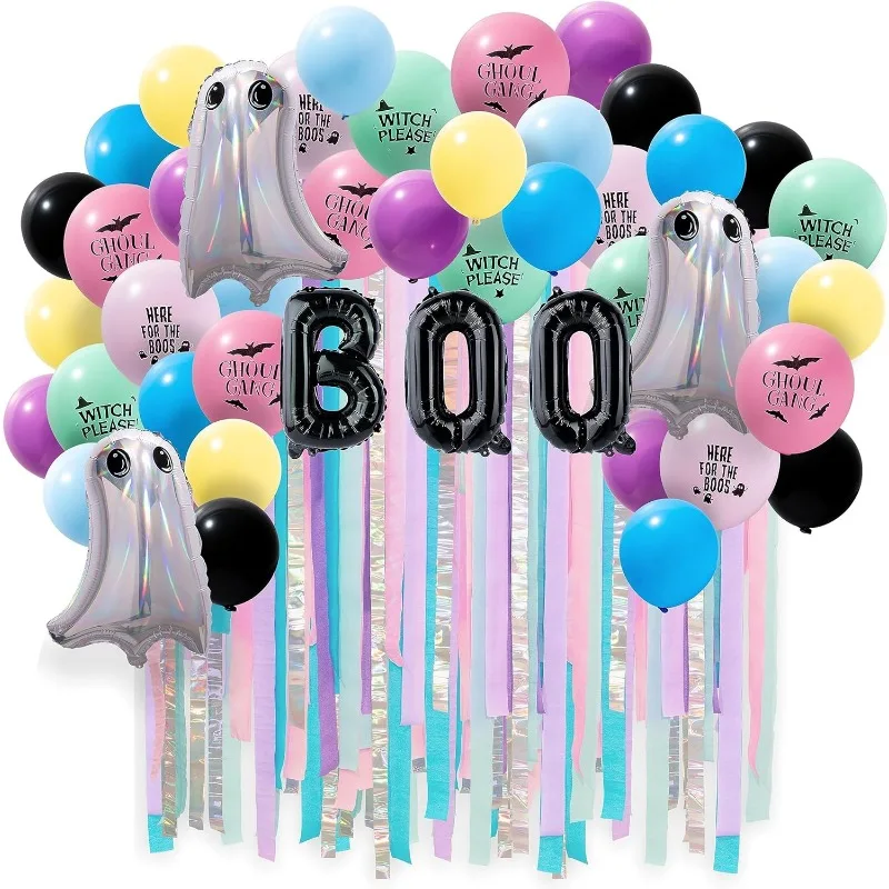 51pcs Halloween Balloon Garland Colorful Pastel Crepe Paper Streamer Cute Ghost BOO Halloween Birthday Balloons Party Supplies