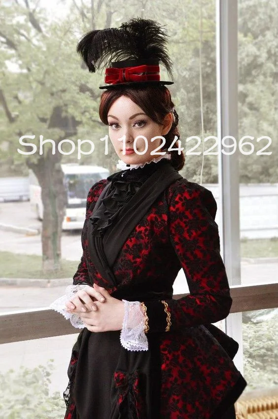 Black Red Gypsy Steampunk Prom Party Dresses with Long Sleeve Ruched Ruffles Skirt Cosplay Goth Bustle Evening Gown