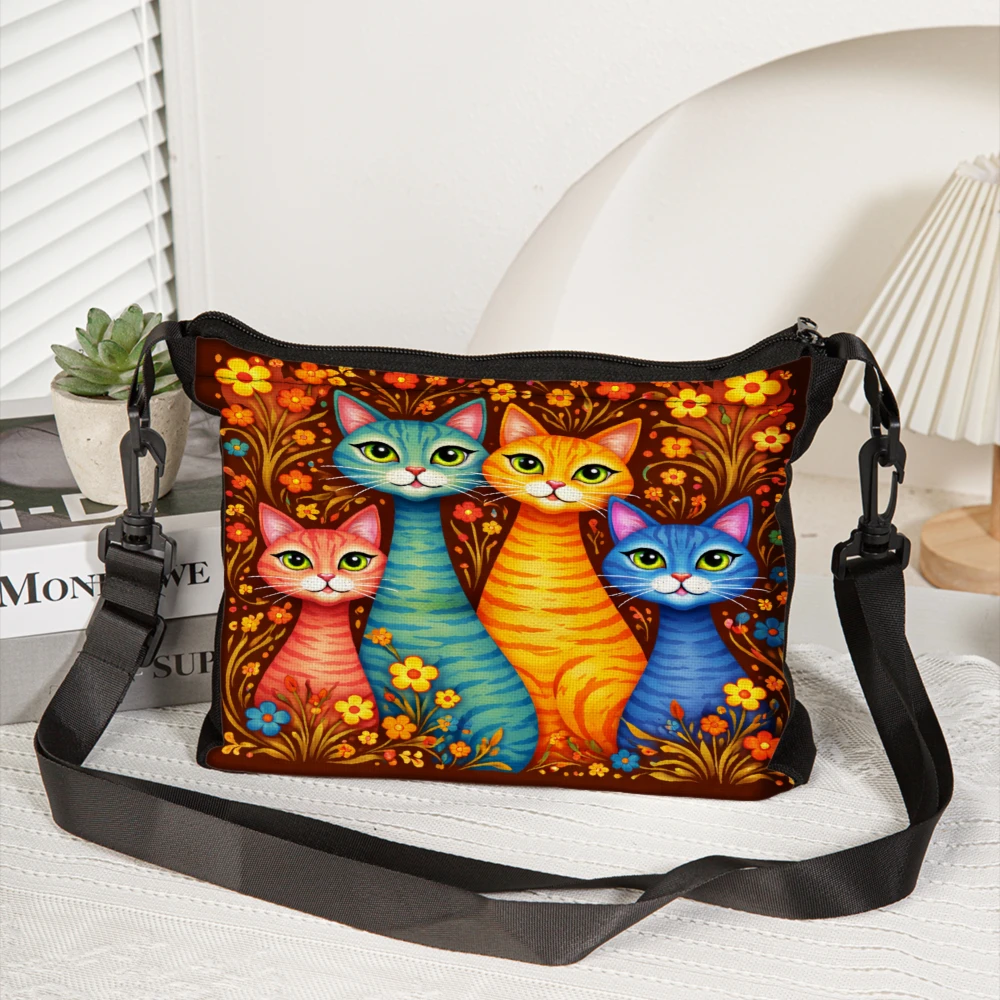 Colorful Cats Floral Pattern Crossbody Bag Multicolor Cat Art Print Shoulder Bags For Women Casual Daily Use Travel Shopping Car