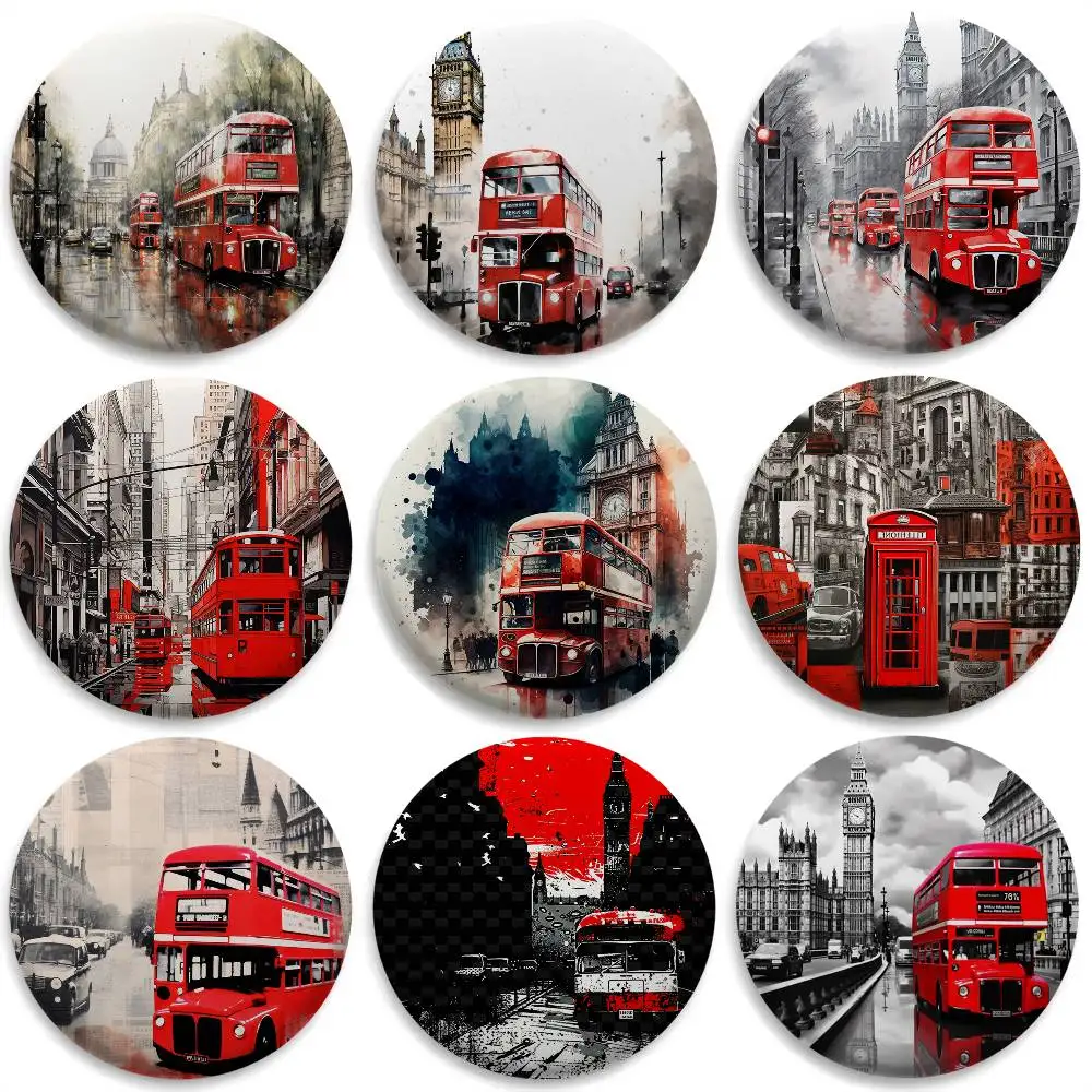 

London Red Bus Print Badges Round Exquisite Badge Brooches Creative Pins For Clothes Hat Backpack Gift Accessories