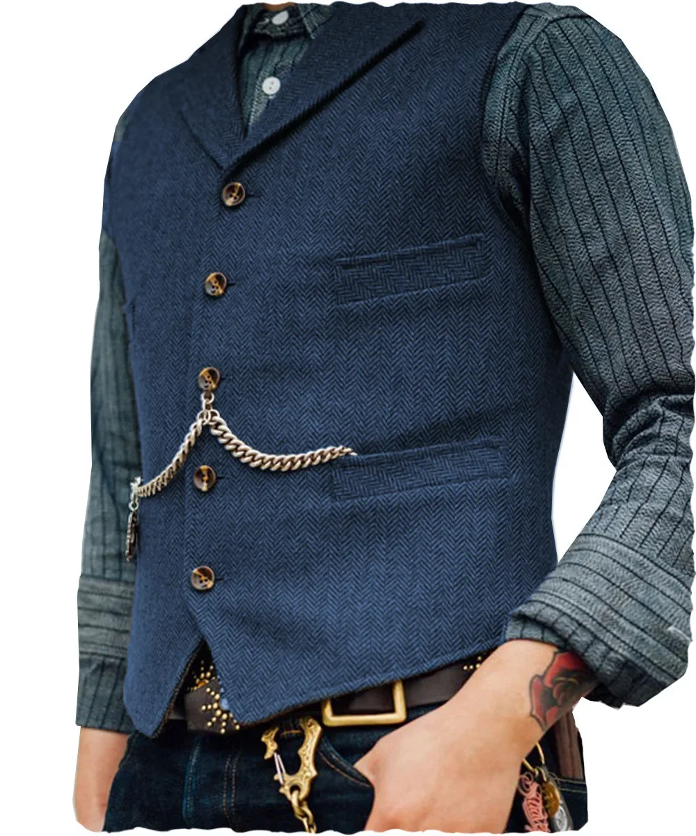 Dark Blue Casual Gentleman Men's Brown Vest Soft Wool Jacket Tweed Business Waistcoat For Wedding Best Man