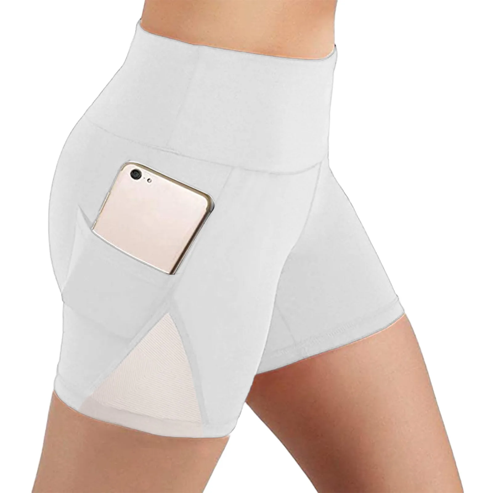 Calções de ioga de cintura alta para mulheres, elásticos, calças curtas fitness com bolsos laterais, jogger esportivo de ginástica, treino