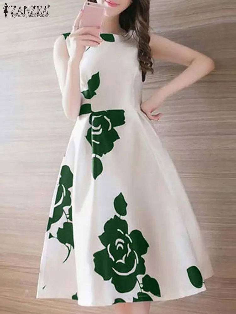 ZANZEA Elegant Sleeveless Floral Print Dress Women Korean Waist A-line Tank Midi Robe 2024 Summer Fashion Round Neck Party Dress