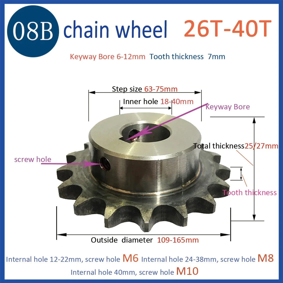 1Pcs 45 # Steel 08B 26/27/28/29-/30/31/32/33-40Teeth Sprocket Inner Hole 18-40mm Industrial Sprocket with Screw Hole M6 M8 M10