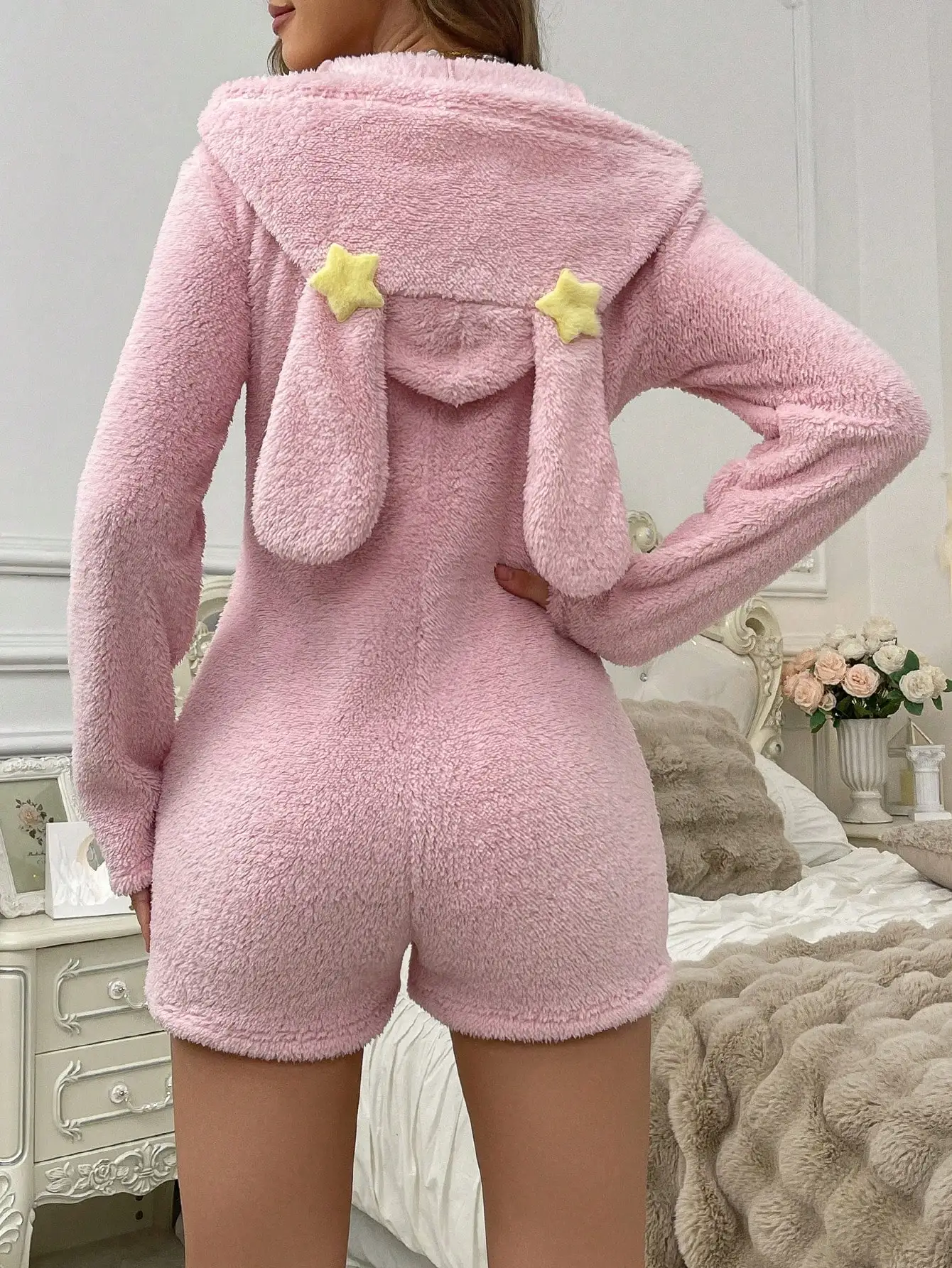 One-Piece Hooded Plush Animal Ear & Star Design Women Fluffy Romper ,Cozy And Elegant Details, For Fall Winter，si2408142710128564