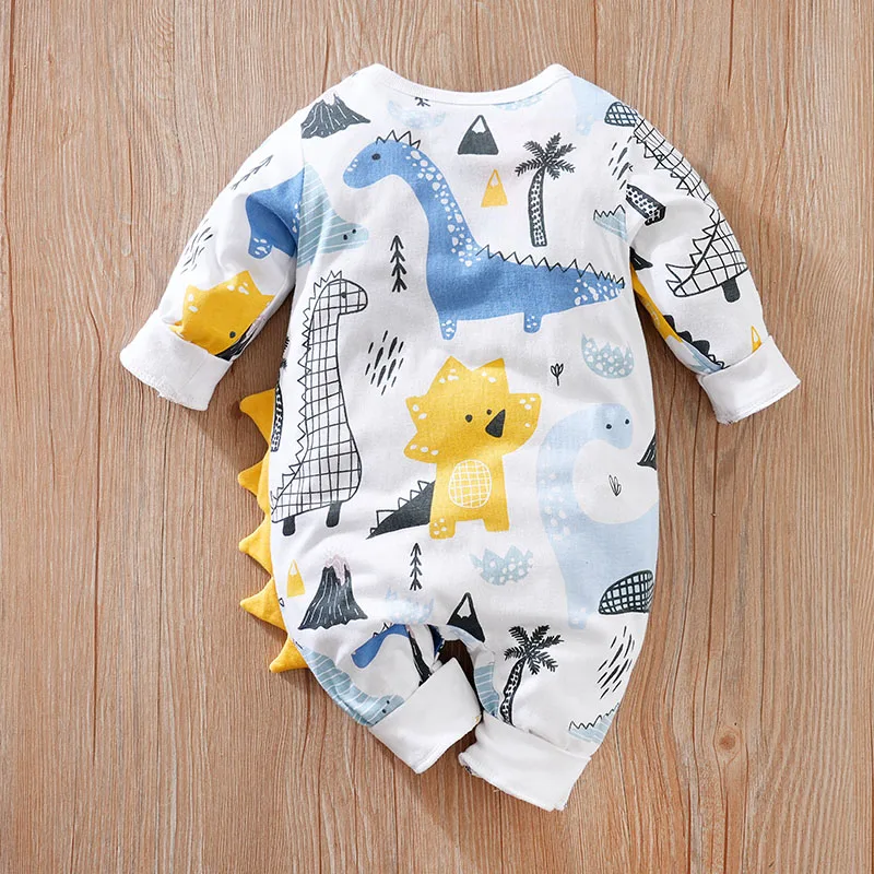 Spring And Autumn Boys And Girls Cartoon Dinosaur All Over 3d Cotton Long Sleeve Baby Clothing Bodysuit