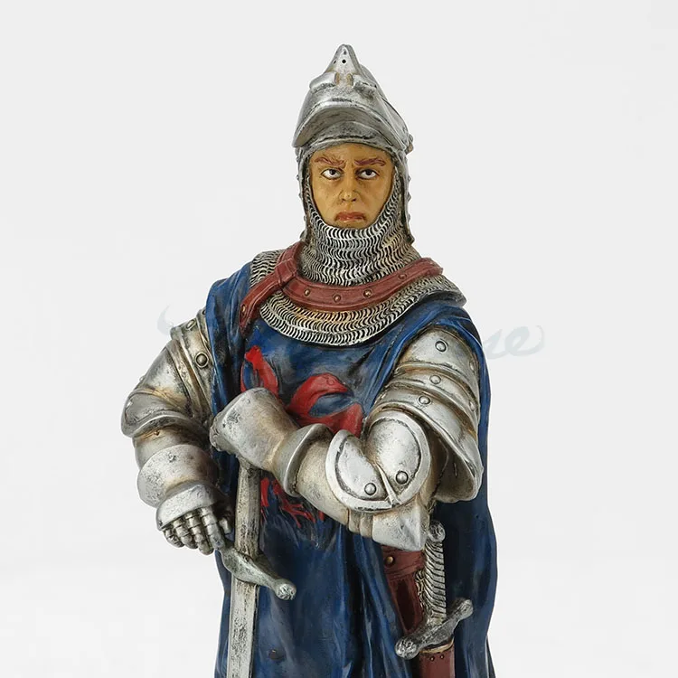 Resin Standing Medieval Knight Statue Hand Painted Armored Warrior Figurine with Long Sword and Blue Surcoat Home Tabletop Decor