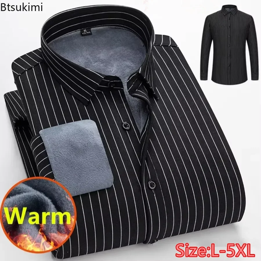 

2025 Men's Striped Long Sleeve Warm Shirts Single-breasted Turn-down Collar Business Shirt Fleece Lined Warm Tops for Men Shirts